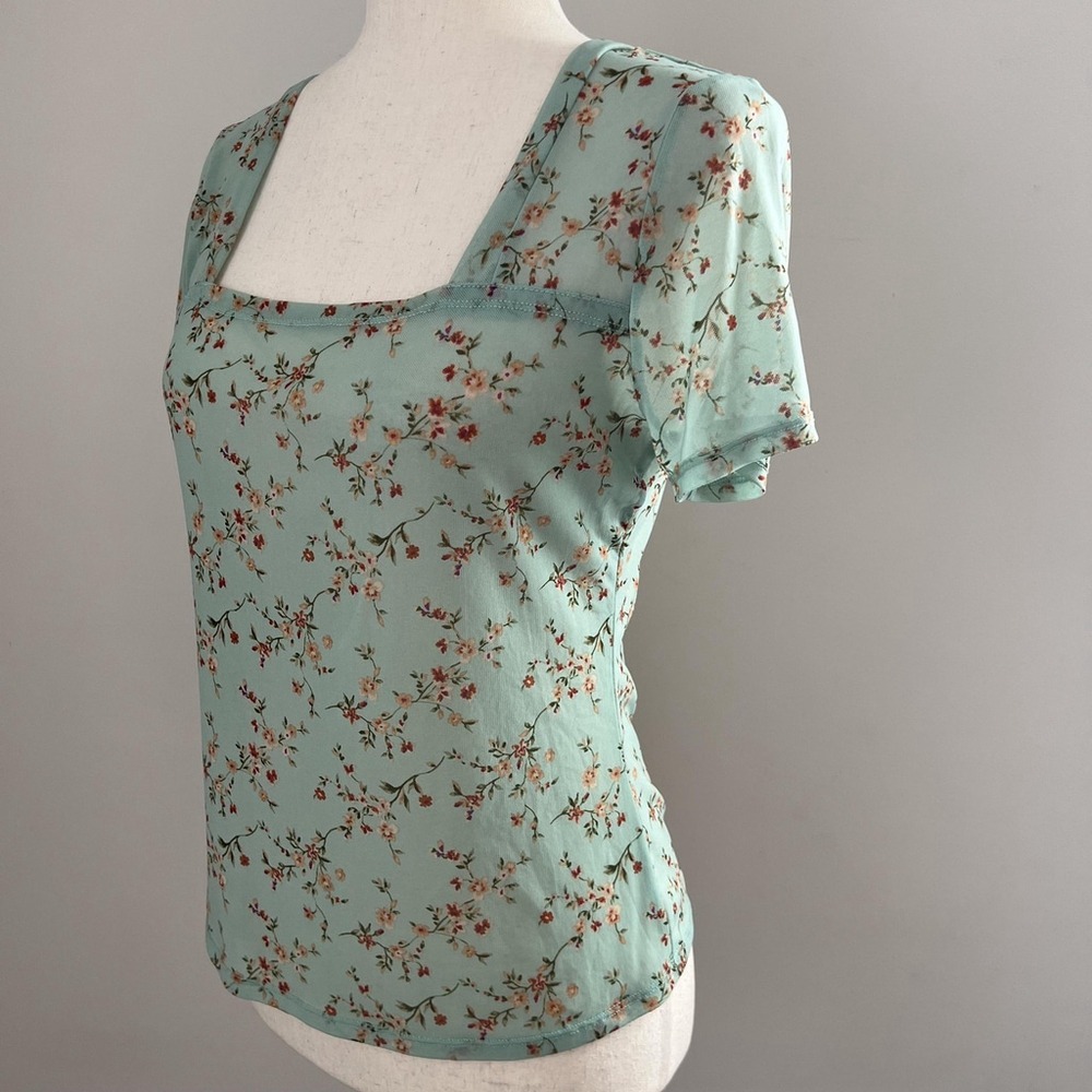 Mint Green Floral Short Sleeve Top Fairy Cottage Y2K Soft Girl Coquette Romantic - Picture 4 of 8